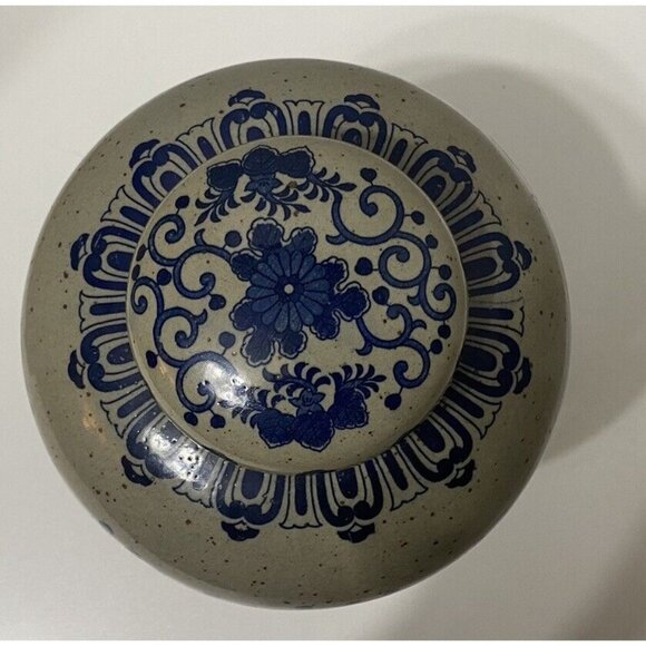 Vintage Cobalt Blue Gray Porcelain Ginger Jar Lid Phoenix Pattern 8" High - Picture 6 of 10